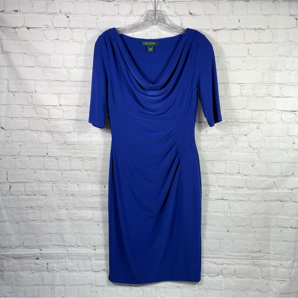 Lauren Ralph Lauren Carleton Jersey Draped Cowl Neck Dress Anchor Blue Size 2